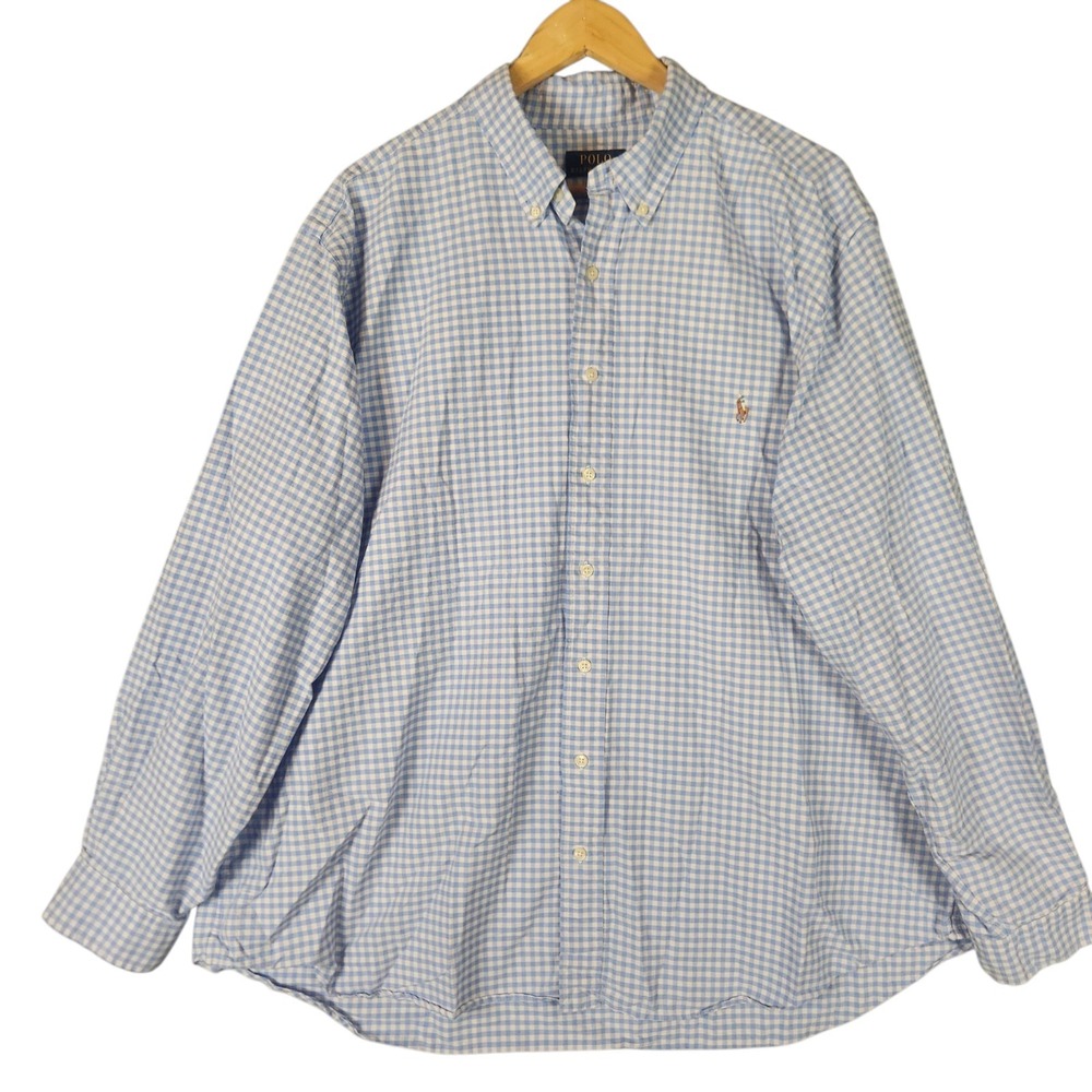 Polo Ralph Lauren Shirt Men's 2XB Blue White Gingham Button Down Longsleeve Logo
